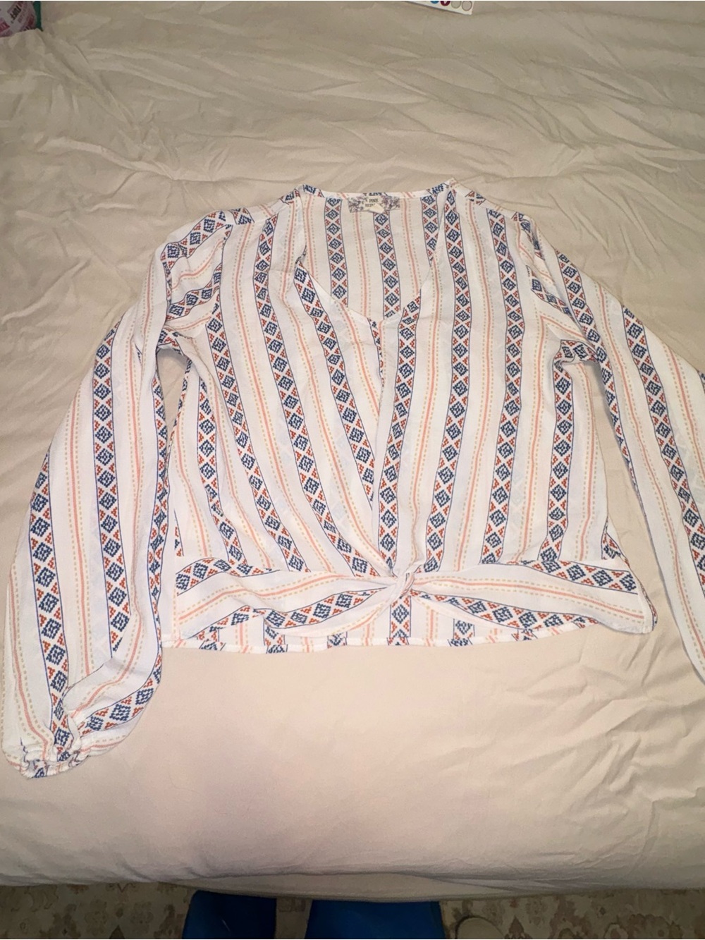 Pink Republic White Striped Twist-Front Blouse with Blue and Orange Accents